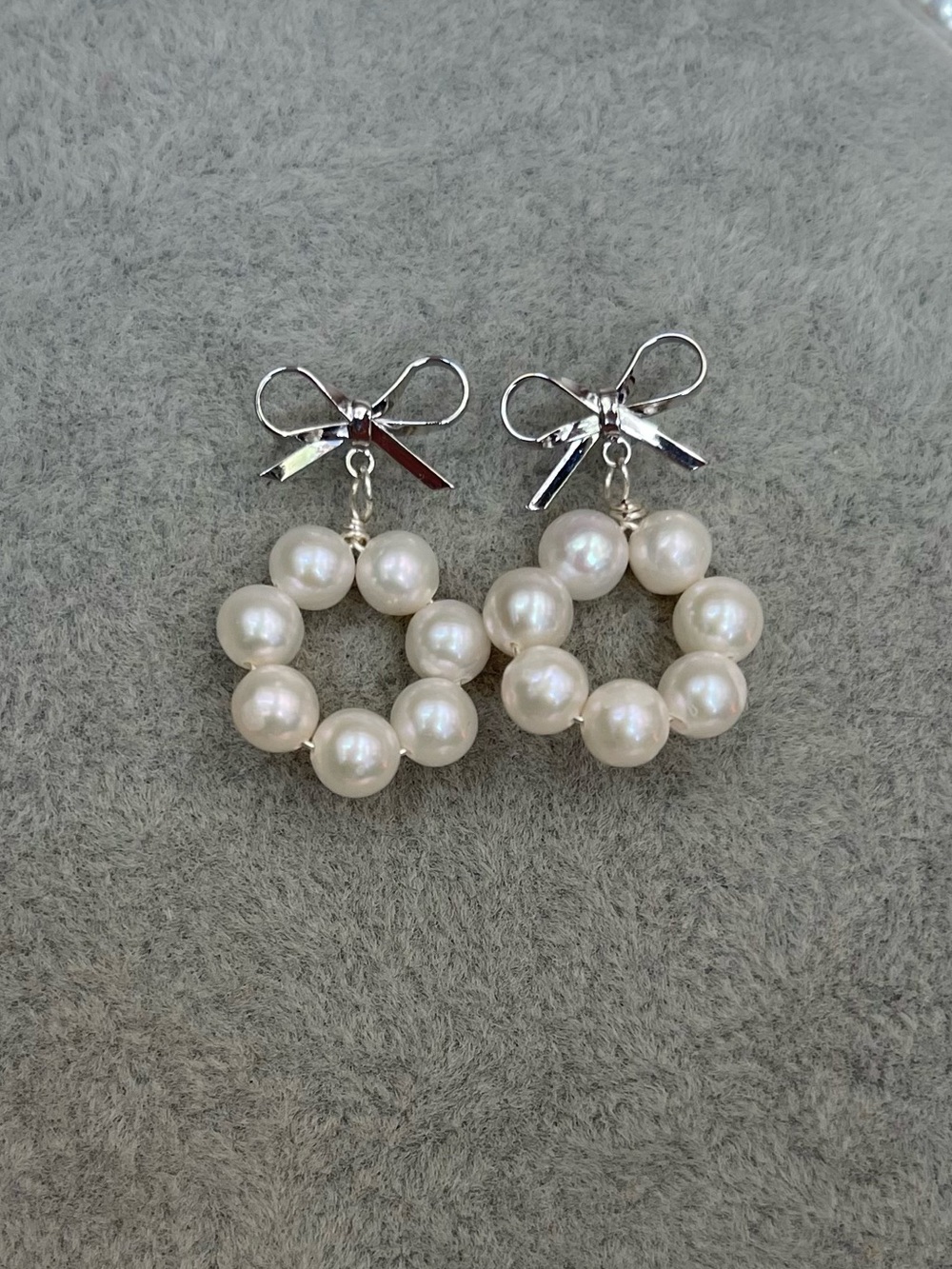 Freshwater Pearl Circle Drop Earrings with Silver Bow Accent - 925 silver posts
